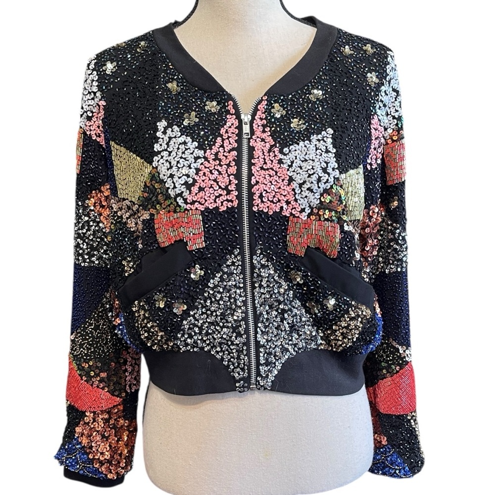 Glamorous Colorful Sequin Beaded Party Event Cropped Bomber Jacket Women's Small